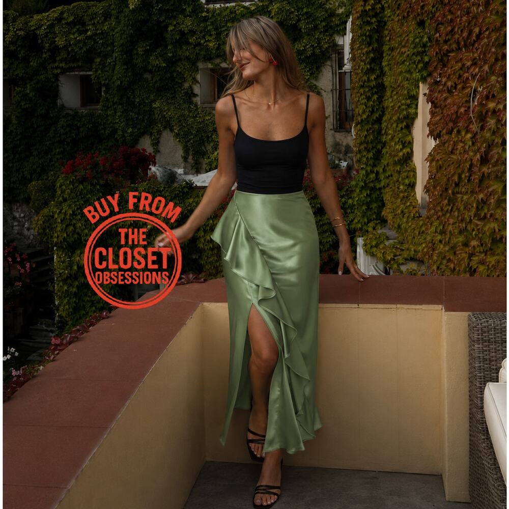 Zara NWT Mint Green Satin Ruffle Front Slit High Waist Midi Skirt M - Picture 8 of 16
